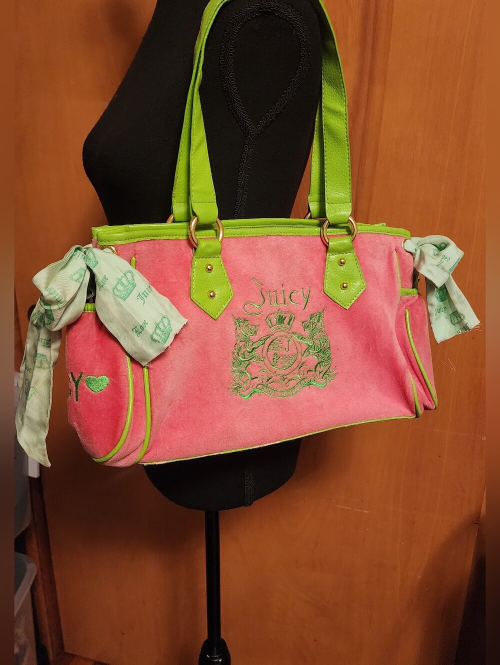 Vintage/Retro Juicy Couture Hot Pink Velour Tote with Lime Trim